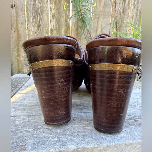 Coach Brown Leather Platform Mules with brass studs and accents. - Picture 3 of 15